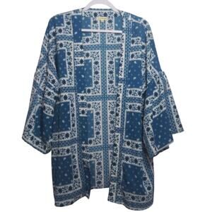 Blushing Heart Blue and White Patterned Patchwork Kimono Coverup Size L